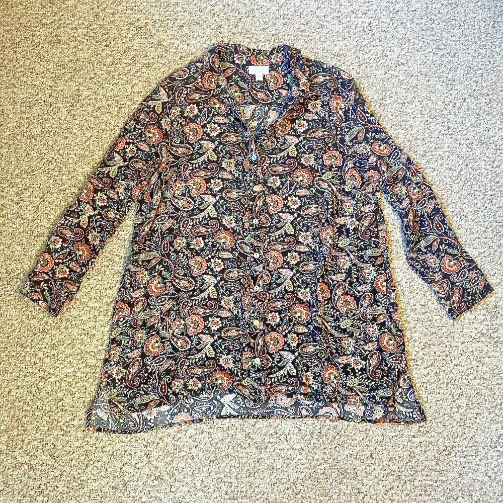 J Jill Womens Paisley Button Up Blouse Size Petite L Long Sleeve Pearlescent